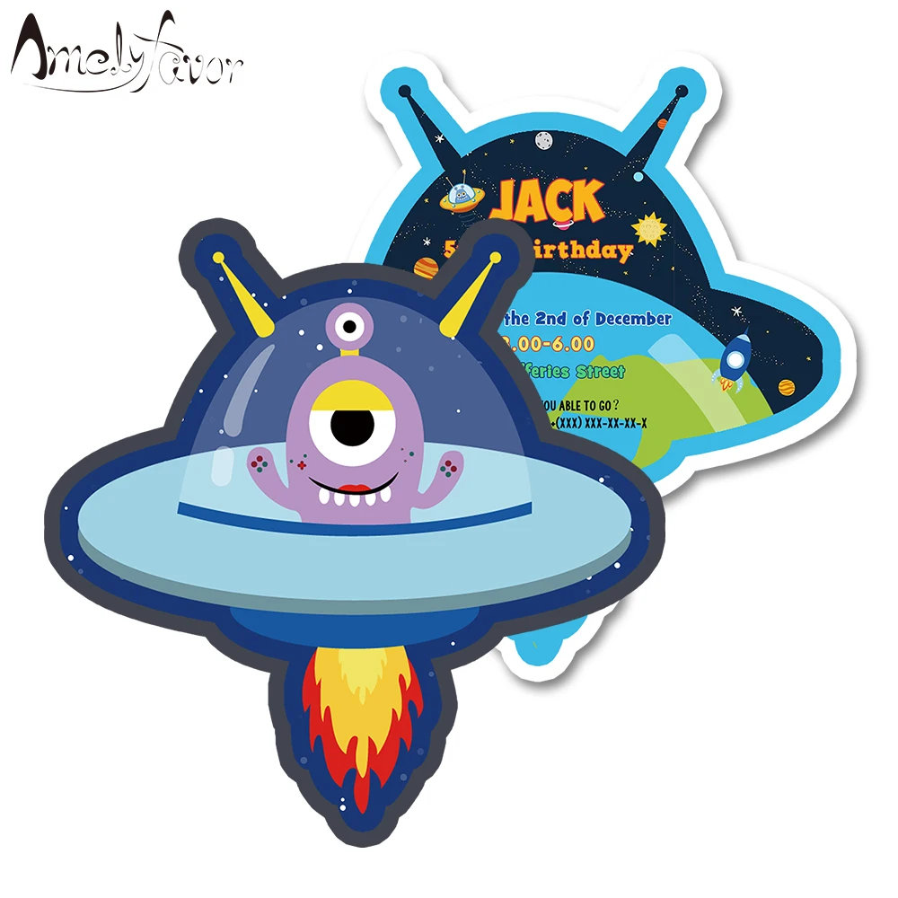Tarjeta de invitación de astronauta para fiesta de cumpleaños, suministros de fiesta para niños, decoración de astronauta espacial personalizada en blanco