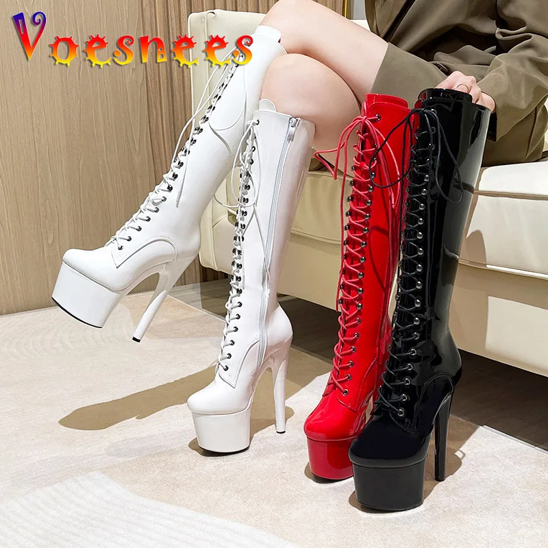 Rome Style Pole Dance Women Shoes Nightclub Patent Leather Round Toe Knee-High Boots Super High Heel 17CM Zip Lace-up Long Boots