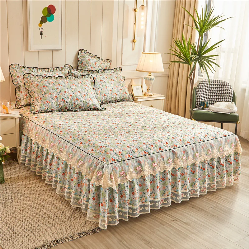 

1Pc Korean Lace Bed Skirt Romantic Thicken Bed Cover 100%Cotton Quilted Bedspread Pastoral Flower Leaf Bedclothes Home Textile