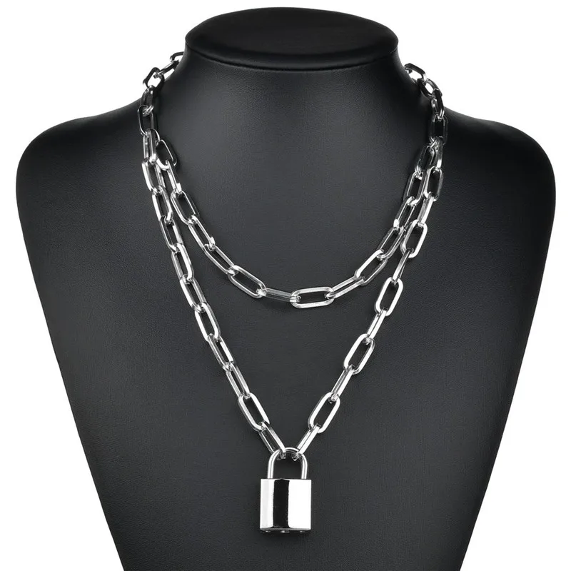 Fashion Padlock Key Cross Double layer Lock Chain necklace on neck Punk Link Chain Pendant Necklace Women Gothic Jewelry
