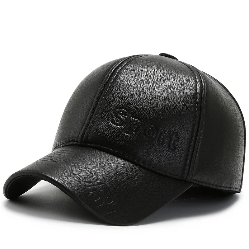 Men Sport Letter Sunscreen SunShade Baseball Cap Winter Elderly Men Windproof Protect Ears Warm PU Leather Adjustable Hats U73