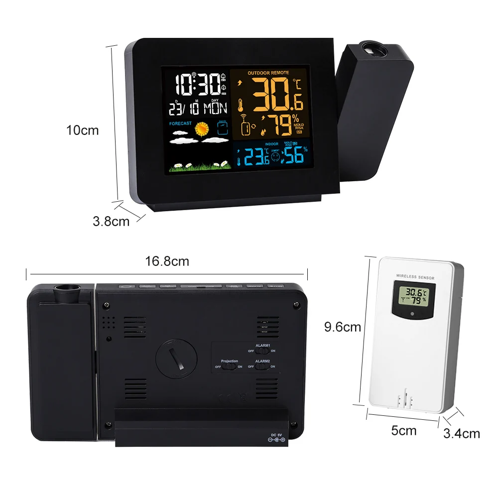 FanJu Projection Clock Digital Weather Station Temperature Humidity Meter Calendar Double Alarm Table Desk Clock Wireless Sensor