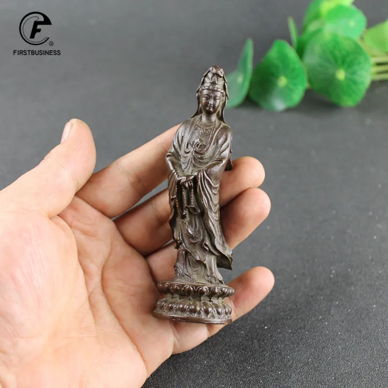 Antique Bronze Guan Yin Statue Ornament Pure Copper Buddha Figurines Miniatures Home Decoration Accessories Crafts Collections