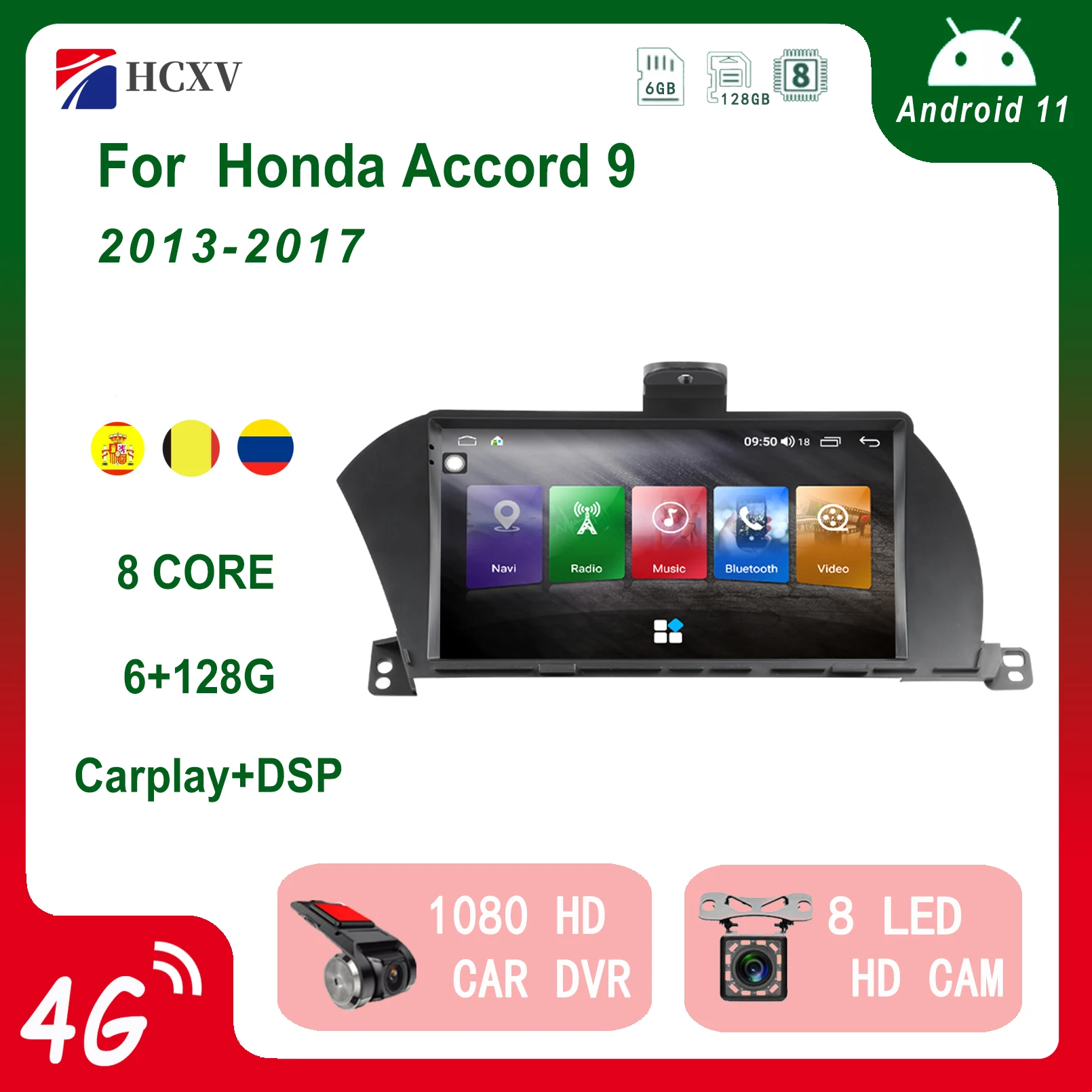 

Автомобильная стереомагнитола HCXV на Android для Honda Accord 9, 9,66 дюйма, Автомобильная навигационная и мультимедийная система, Dvd-плеер, аудио, Gps, радио