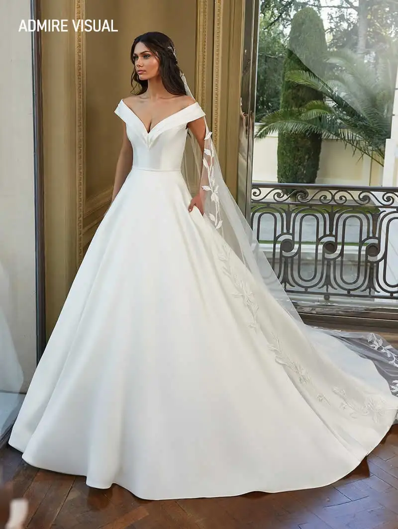 

Wedding Dress A-Line Satin V-Neck Neckline Off The Shoulder Marry With For Party Plus Sizes Bride Gown Vestidos De Novia