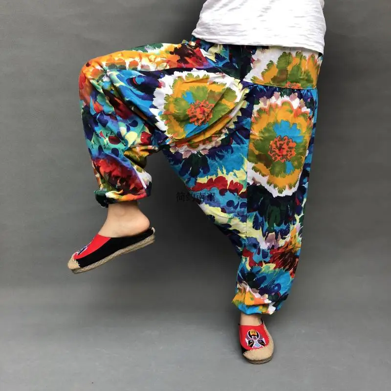 Ethnic Harem Pants Women Hemp Bloomer Baggy Loose Women New Trousers 100% Cotton Linen Pleated Oversize Pockets Wide Leg Pants