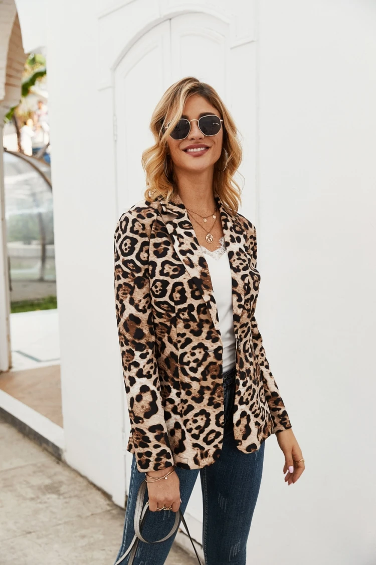 Office Ladies Notched Collar Leopard Women Blazer Party Lady Spring Autumn Jacket Streetwear Casual Vacation Female Suits Coat