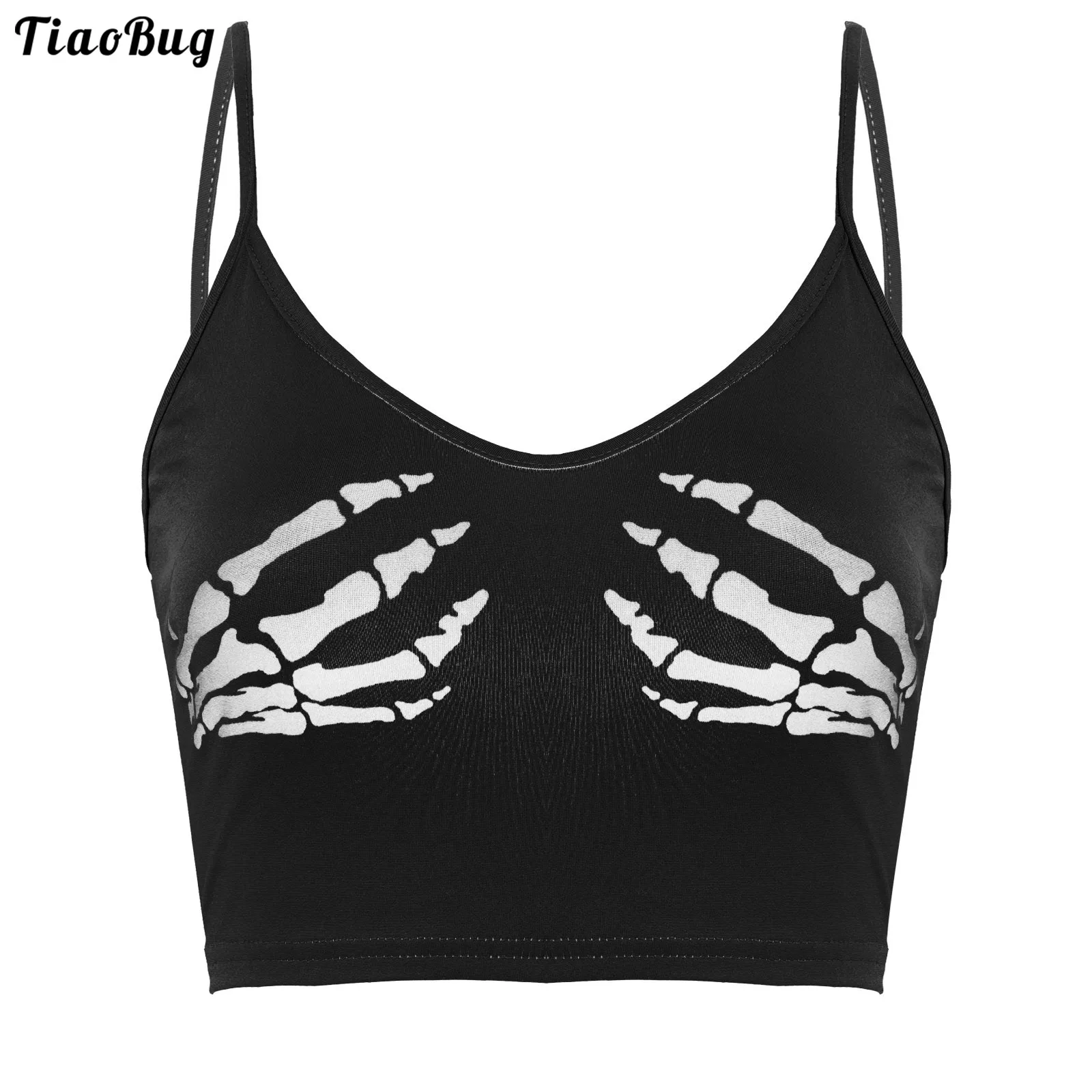 Sexy Club Women Summer Crop Top Camis Black Sleeveless Human Skeleton Skull Hand Printed Tights Vest