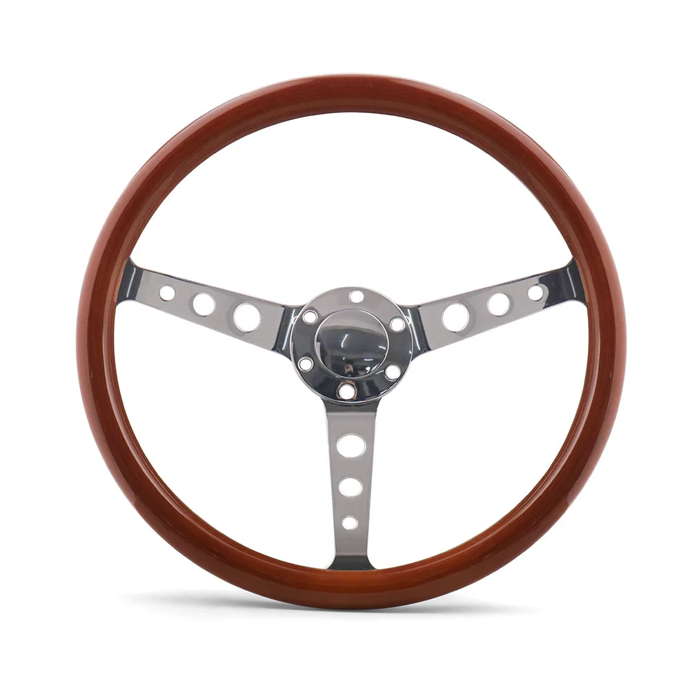 380MM 15inch Real Wood Steering Wheel & Horn Button 6 Holes Wooden Grain Silver Brushed Spoke Chrome Steering Wheel Depth 55mm