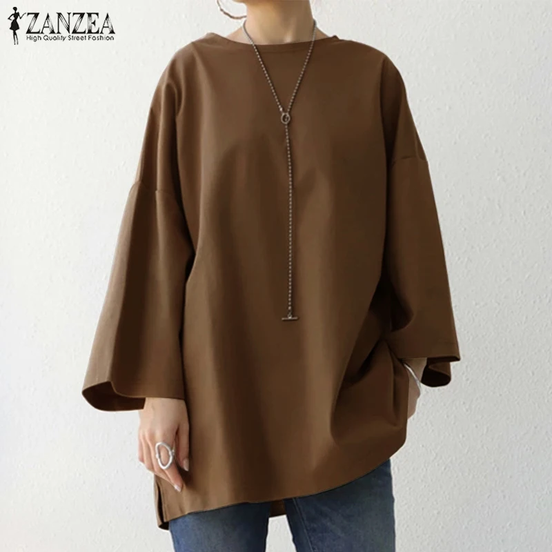 Womens Baggy Solid Blouse ZANZEA 2023 Vintage Flare Sleeve Tops Casual Autumn Blusas Female Split Tunic Oversized Chemise