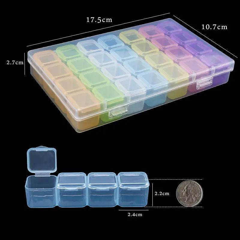 17.5x10.7x2.7CM Rectangle 28 Slots Jewelry Plastic Storage Box Rhinestone Beads Pill Earrings Storage Box Case Container