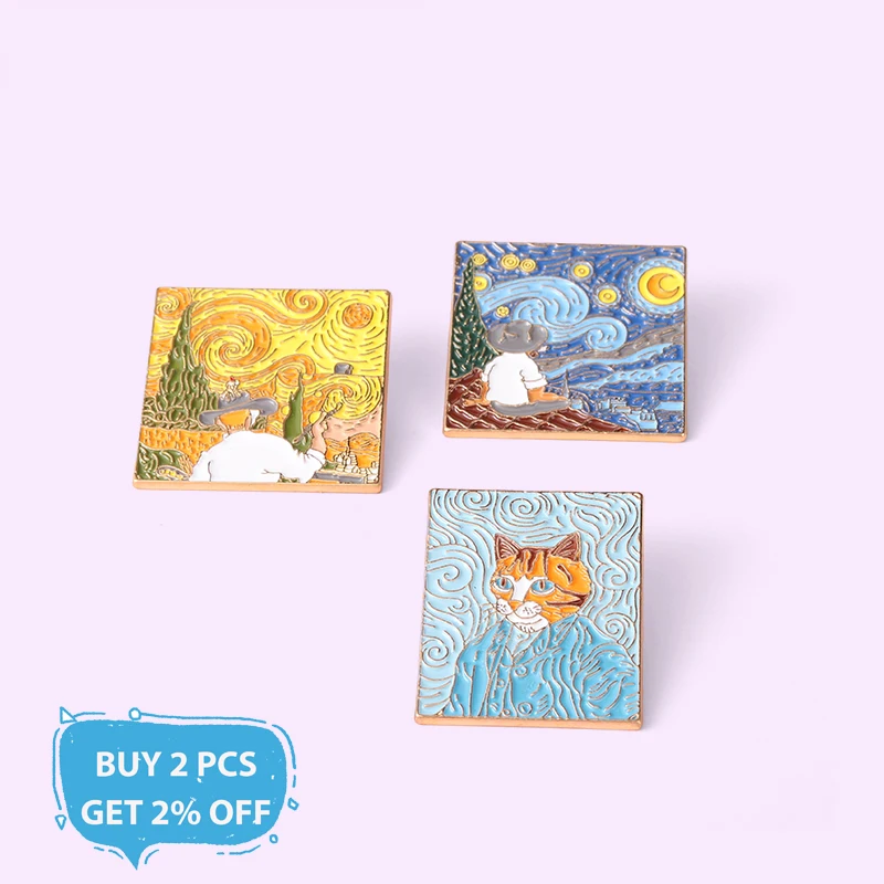 Famous Painting Enamel Pins Cat Self Portrait Wheatfield Star Night Brooches Funny Art Badges Gift for Painter