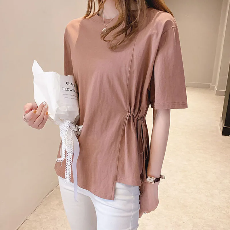 2021 Summer New Irregular Korean Slim Popular O-Neck Cotton Commute Drawstring Simple Short Sleeved T-shirt women top Tee Tshirt