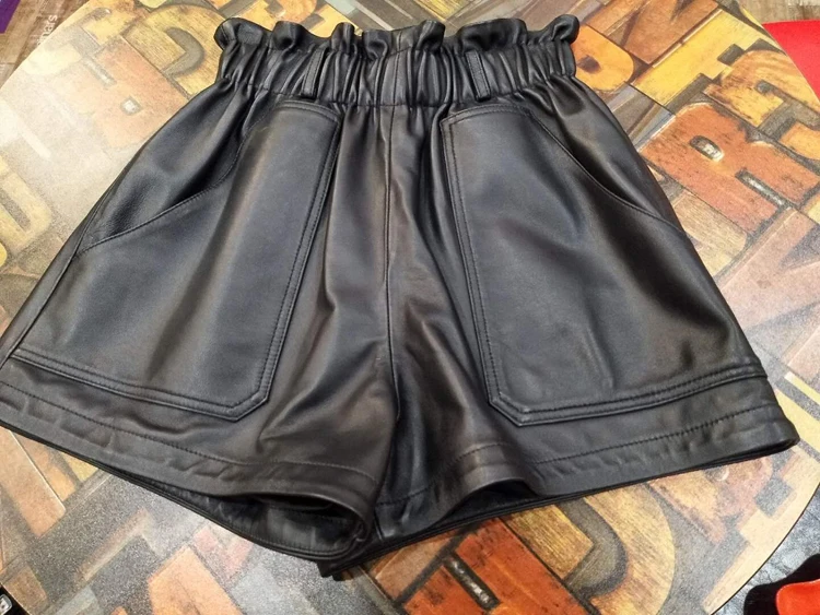 2024 Fashion Clothing NEW Genuine Leather Shorts Women Elastic Waist Booty Mini Sexy Short Feminino Black Pocket Calzones Mujer