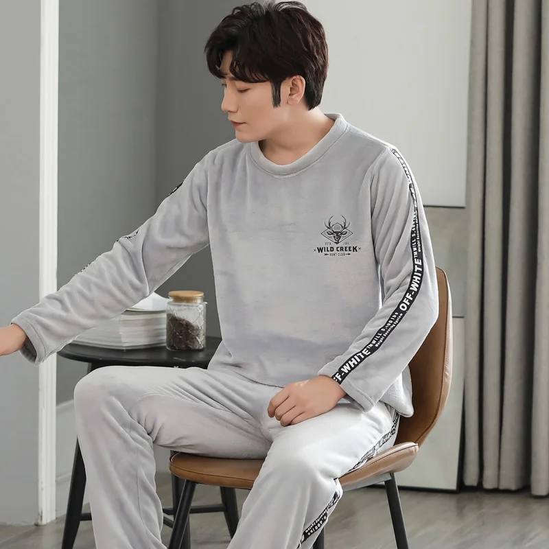 Winter Thick Warm Men Coral Fleece Pajamas Set Long Sleeve Round Neck Casual Soft Male Homewear Clothing