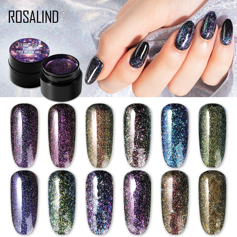 Rosalind 5 Ml Stellato Fuochi D'artificio Del Gel Del Chiodo Luminoso per Glitter Pittura Unghie Artistiche Disegno Poli Uv di Base Superiore Primer, Base Trucco per manicure