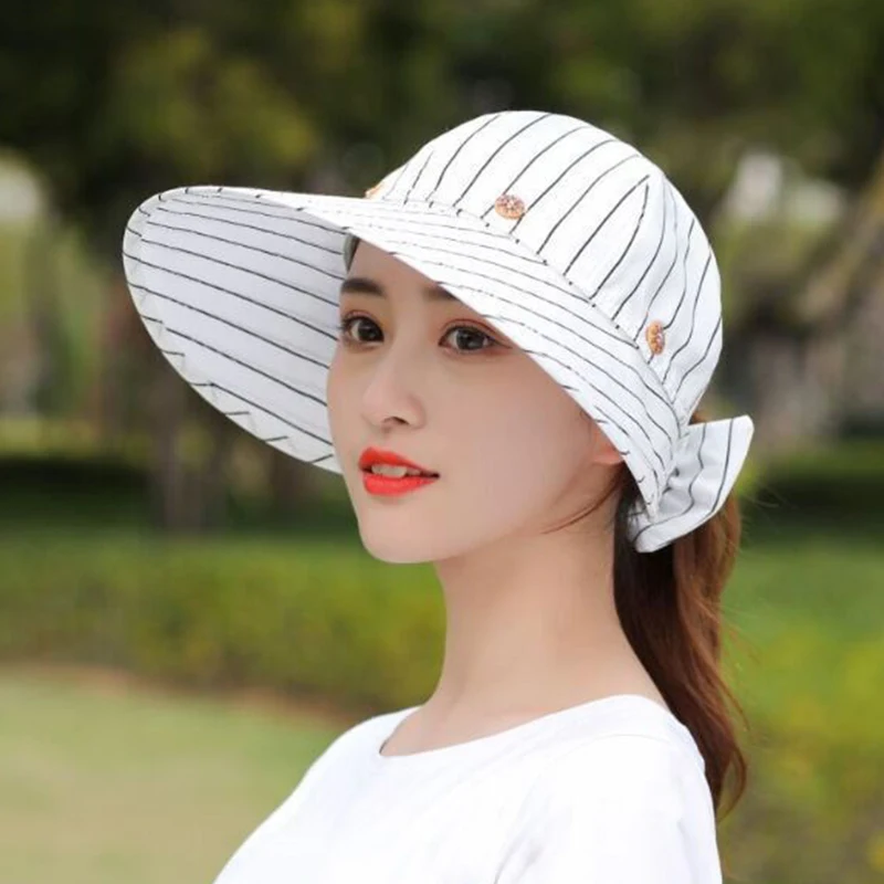 Women Wide Large Brim Floppy Summer Beach Empty Top Hat Sun Hat Button Cap Summer Hats For Women Anti-uv Visor Cap Female