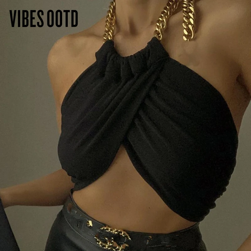 VIBESOOTD Summer Fashion Chic Halter Chain Crop Tops for Women Backless Cropped Feminino Black Wrap Top 2021 Streetwear