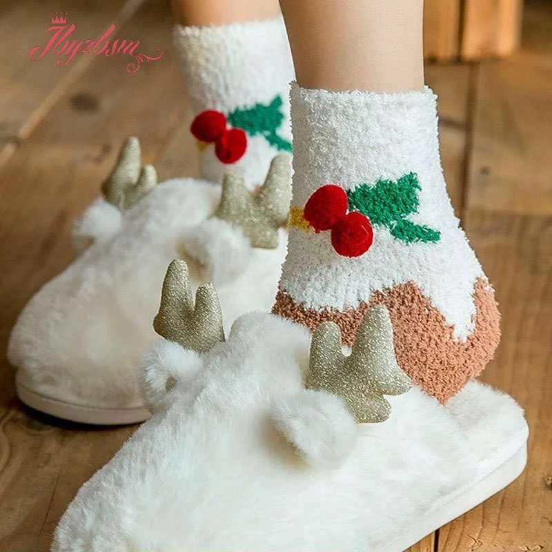 Cute Animal Design Deer Christmas Socks Gift 3D Fluffy Coral Velvet Thick Fleece-lined Warm Winter Sock For Women New Year Gift