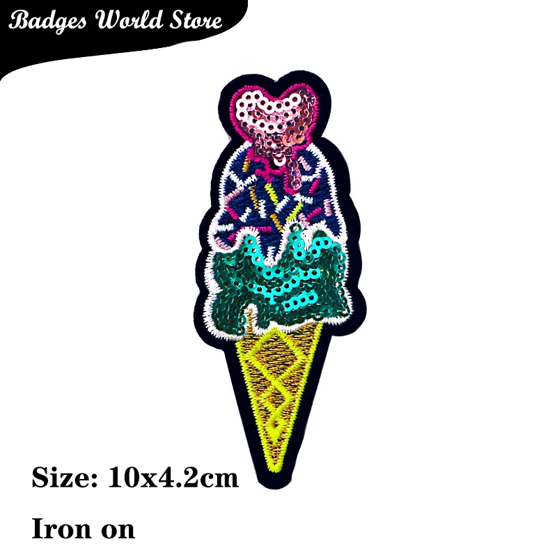 1 Pcs Cute ice cream sequin icon Embroidered Iron on Patches for Clothing DIY Stripes Clothes Patchwork Stickers  Custom Badges