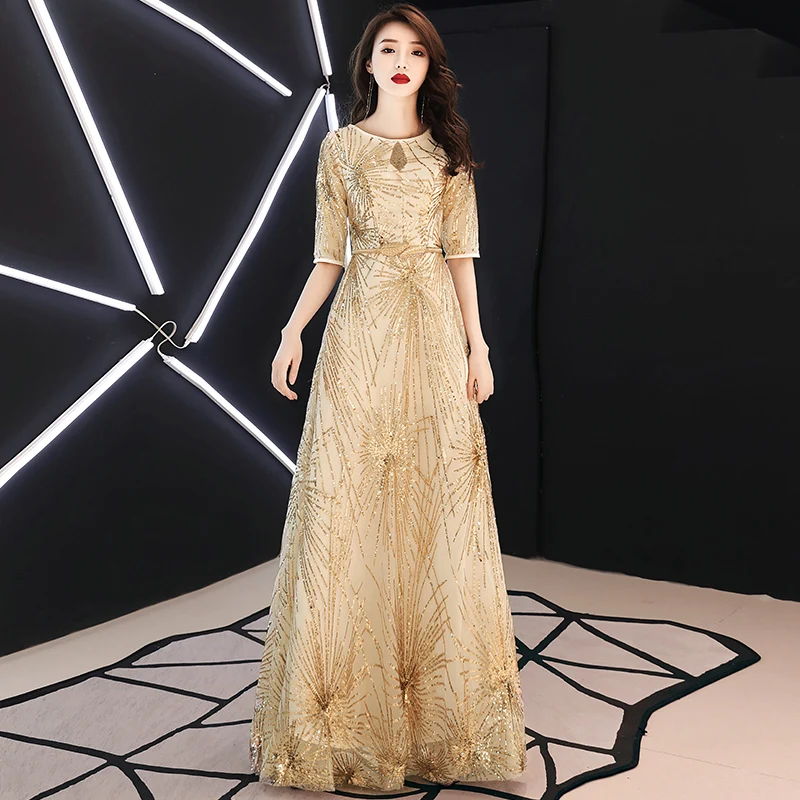 

wei yin AE0260 Glitter Sequin Half Sleeves Arabic Evening Dress Long Dubai Prom Dresses Muslim Kaftan Women Formal Party Gowns