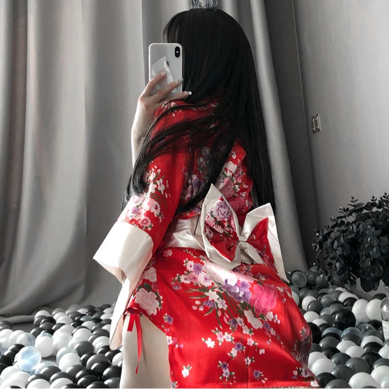 Sexy Sakura Kimono Lovely Japanese Uniform Robe Floral Bathrobe Short Kimono Robe Night Bathrobe Gown for Women Night Dress