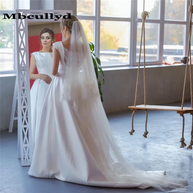 

Mbcullyd White Satin Long Wedding Dress 2023 Formal Scoop Neck A Line Bridal Dresses For Women Sheer Lace Back vestido de noiva