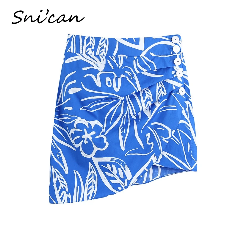 Saia com Ruched Assimétrico Floral Azul para Mulheres, Cintura Alta, Botões, Bodycon, Mini, Sexy, Verão, Snican, Za, 2024