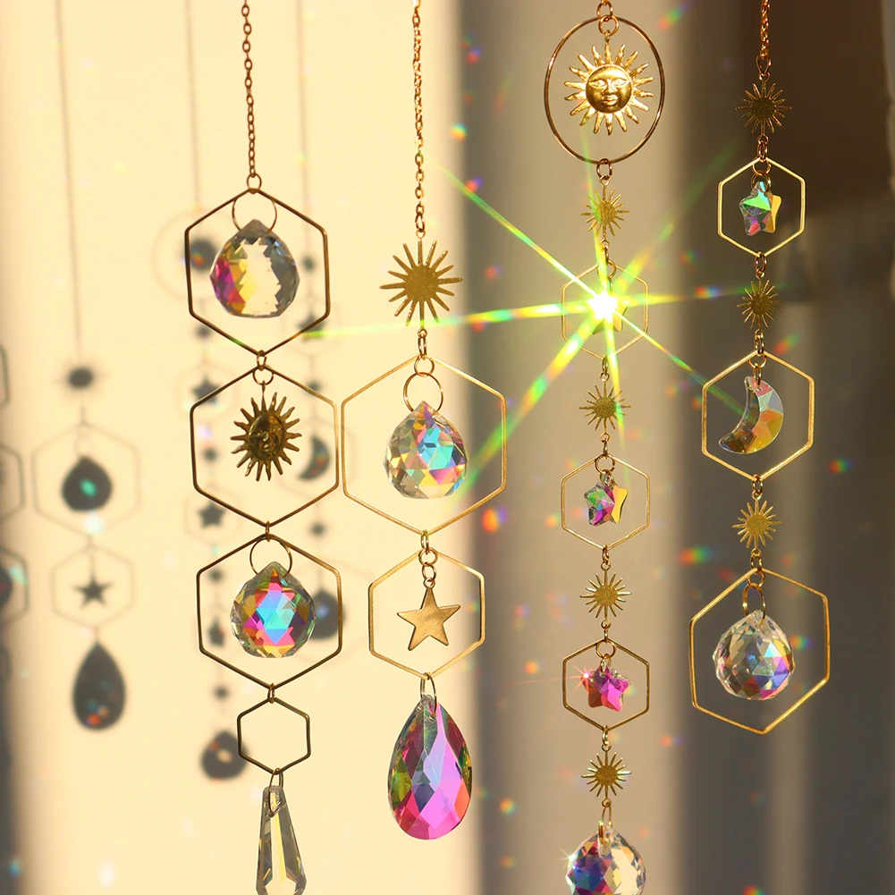 Heart Sun Crystal Wind Chime Chandelier Sun Catchers Wind Chimes Rainbow Chaser Hanging catcher Curtain Pendant Decoration