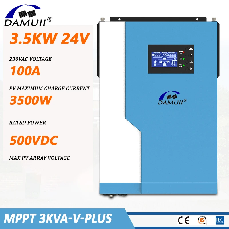 

DAMUII 3.5Kva 3500Watt Solar Inverter MPPT 100A 500VDC PV Input 220VAC 24Vdc 3500VA Pure Sine Wave Hybrid With WiFI