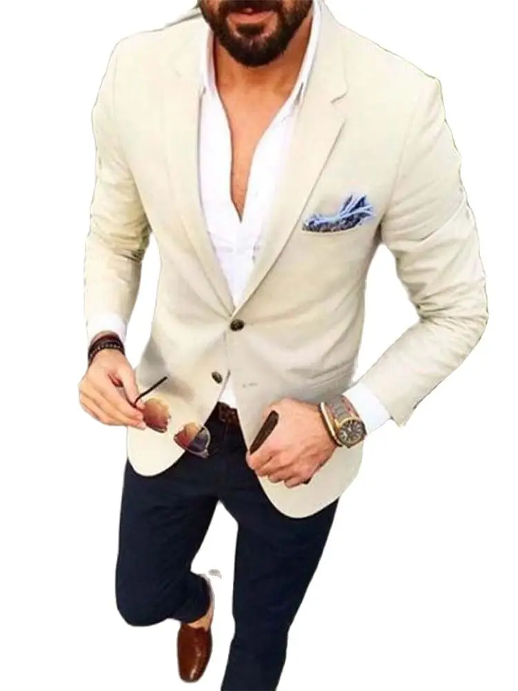 

Custom Made Blazer Trousers Men Suit Beige Jacket Navy Blue Pants 2Pcs Groom Tuxedos Slim Fit Tailor Man Wedding Prom Party Suit