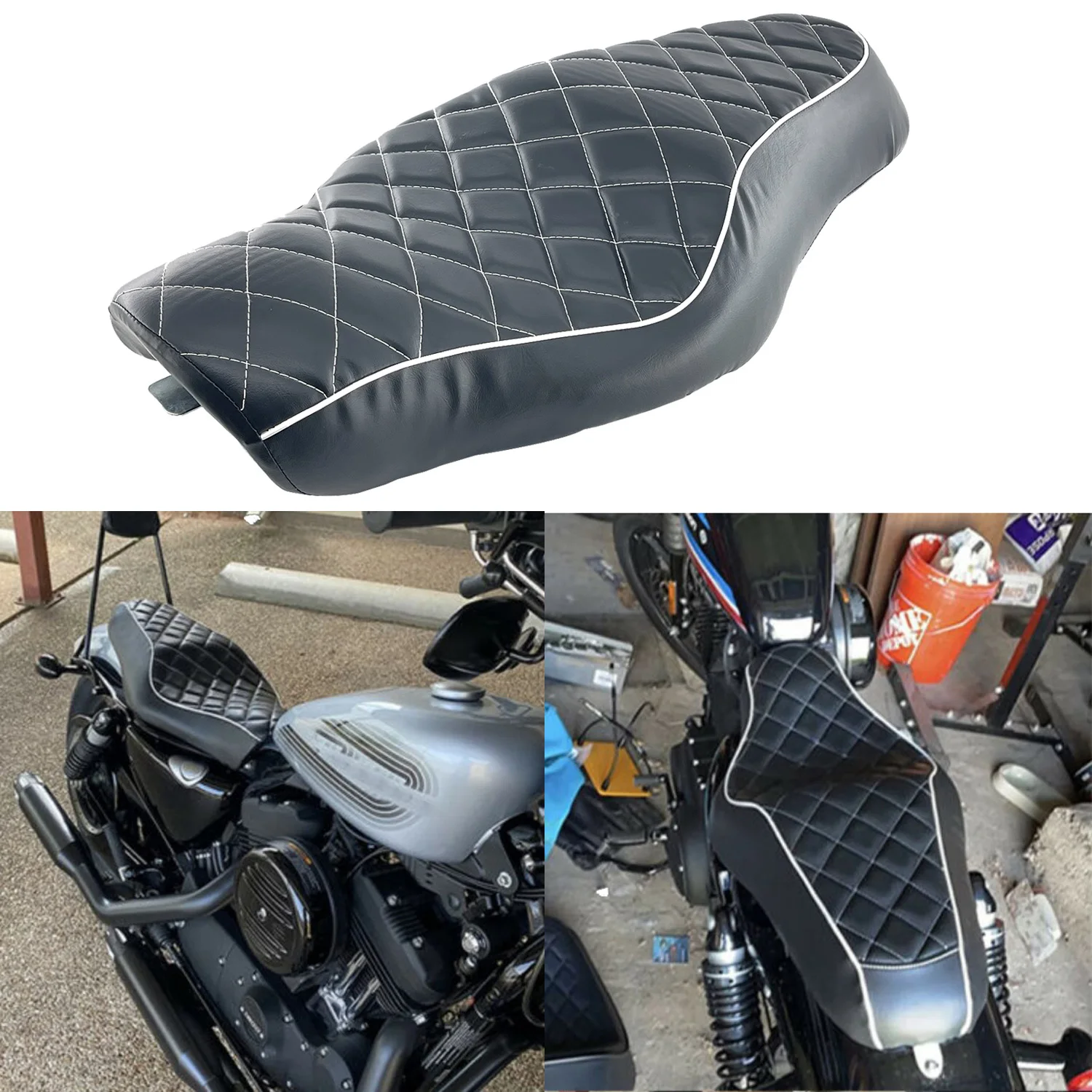 

Black Rhombus Motorcycle PU Leather Two Up Driver Passenger Pillion Cushion Seat For Harley Sportster XL883 1200 XL48