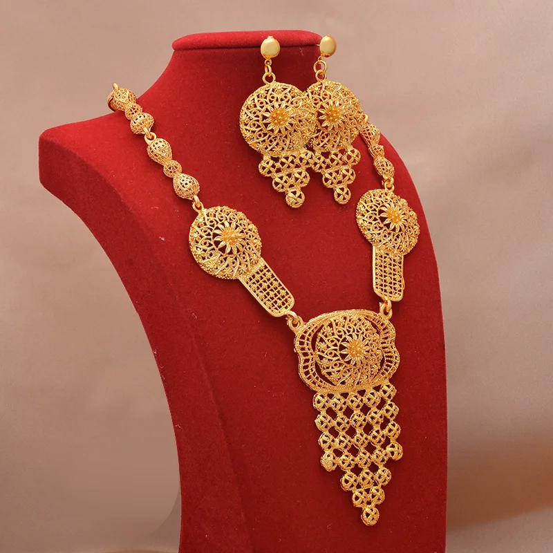 

Dubai Jewelry sets 24K gold plated luxury African wedding gifts bridal bracelet necklace earrings ring jewellery set for women
