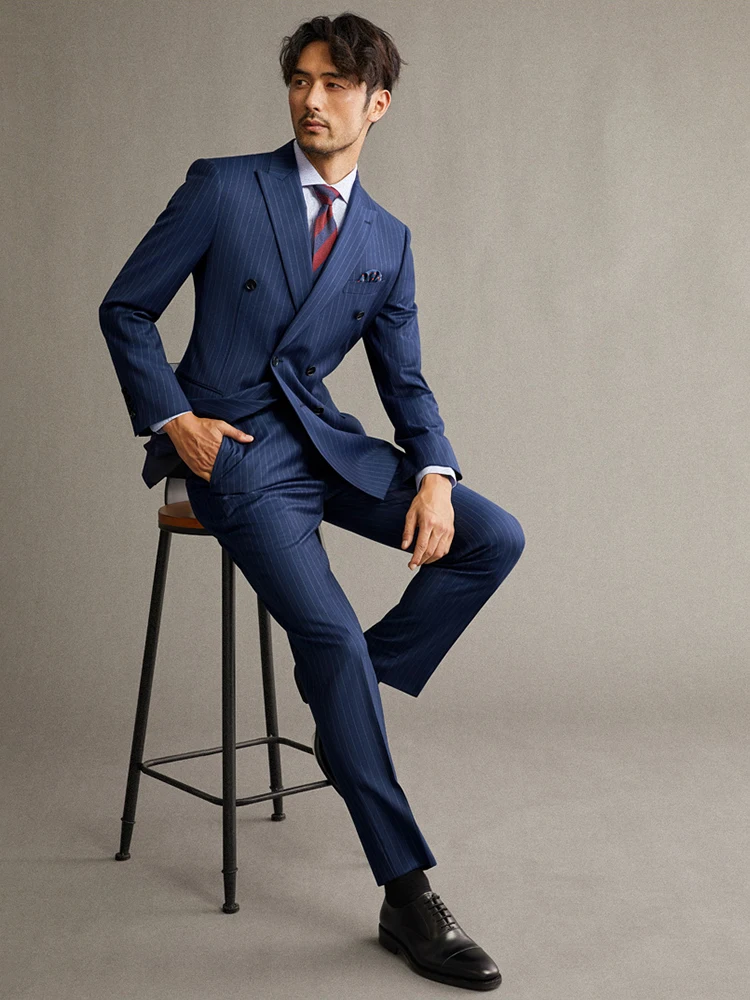 100% Wool Double Breasted Men Suit Deep Blue Striped Casual Mens Suits With Pants Wedding Groom Suits Man Slim Fit Blazer