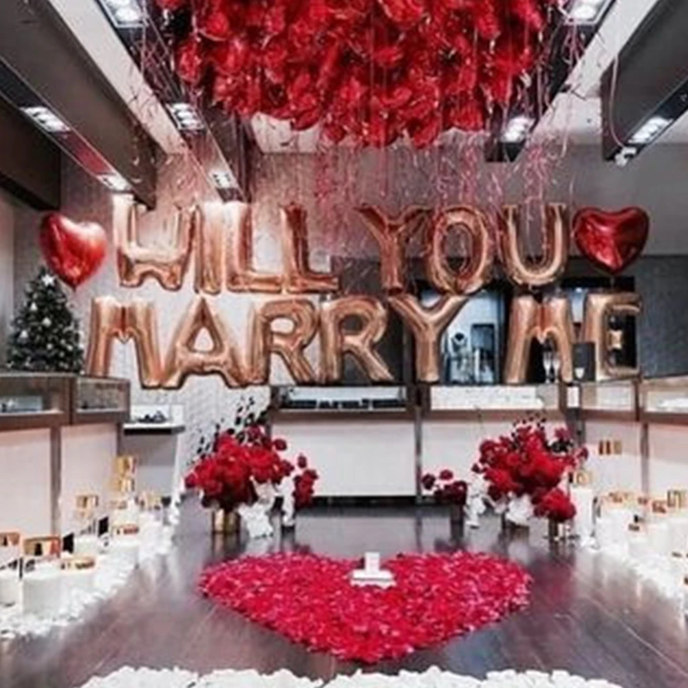 1set 16inch Rose Gold Will You Marry Me Foil Balloons 18 inch Heart Balloon for Weeding Birthday Party Bridal Shower Decorations