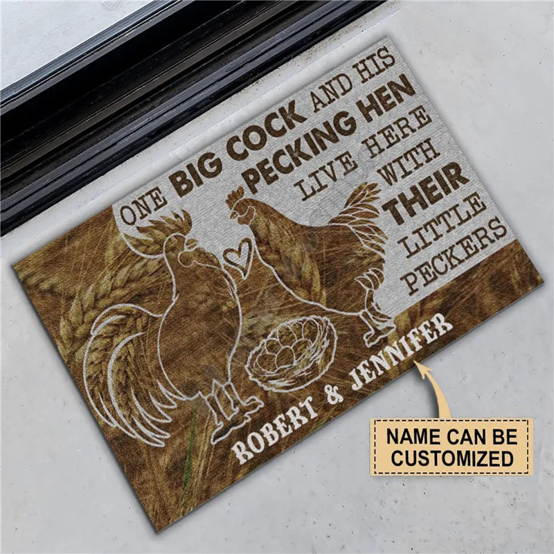 Personalized Chicken Couple One big cock and his pecking hen live here with their little peckers doormat Non Slip Door FloorMats