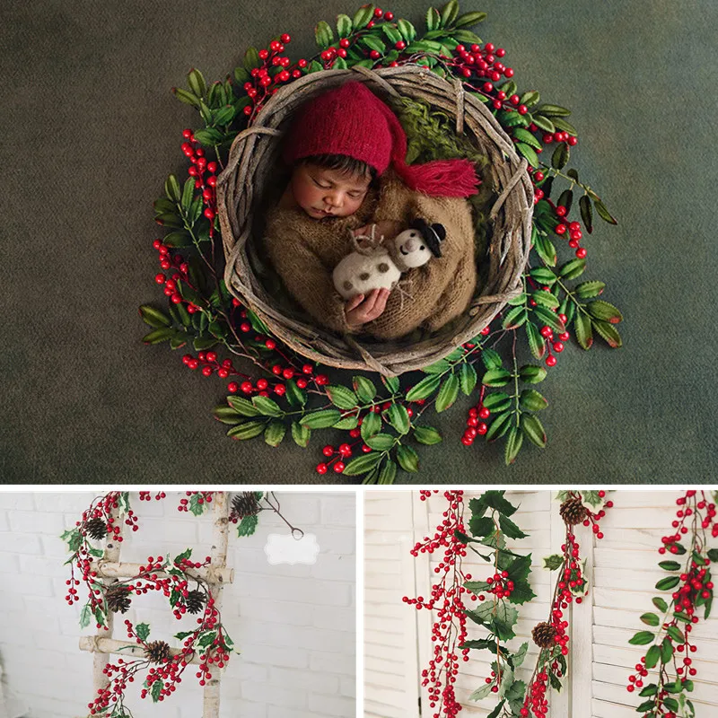 Newborn Photography Props Accessories Christmas Vine Berry Flower Rattan Basket Boy Girl Baby Photo Shoot Background Decoration