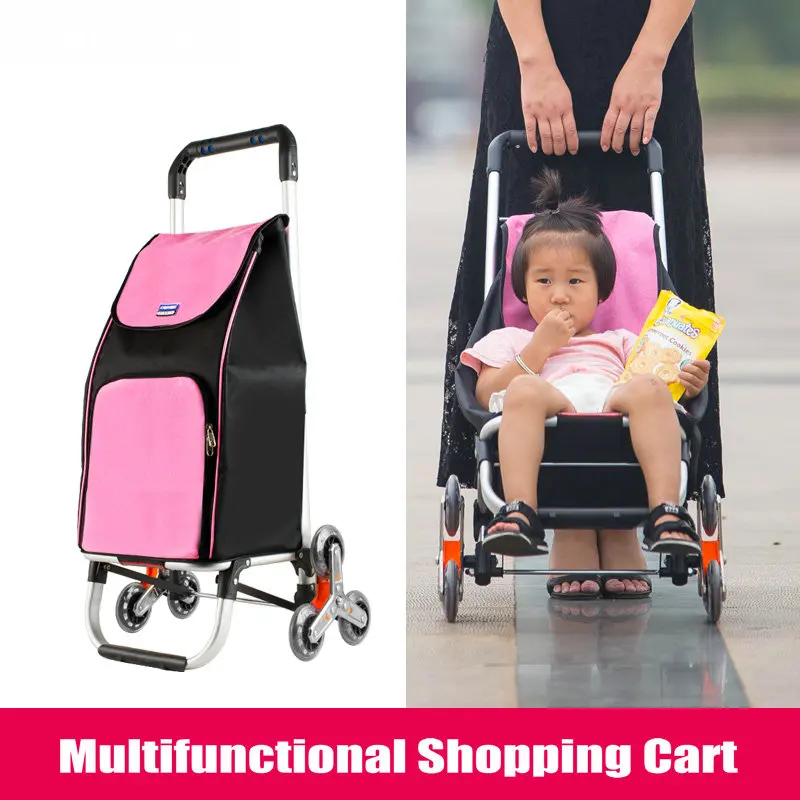 Multifunctional Shopping Cart, Aluminium Alloy Frame Stair Climber Trolley Dolly, Pink Foldable Grocery Wagon