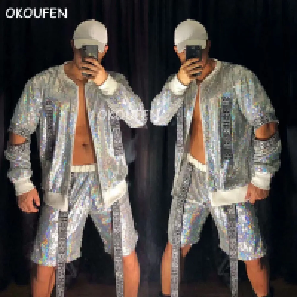 New Laser Silver Sequin Hip hop Baseball Uniform Costume Nightclub Bar Ds Male Singer Stage show Dance Wear