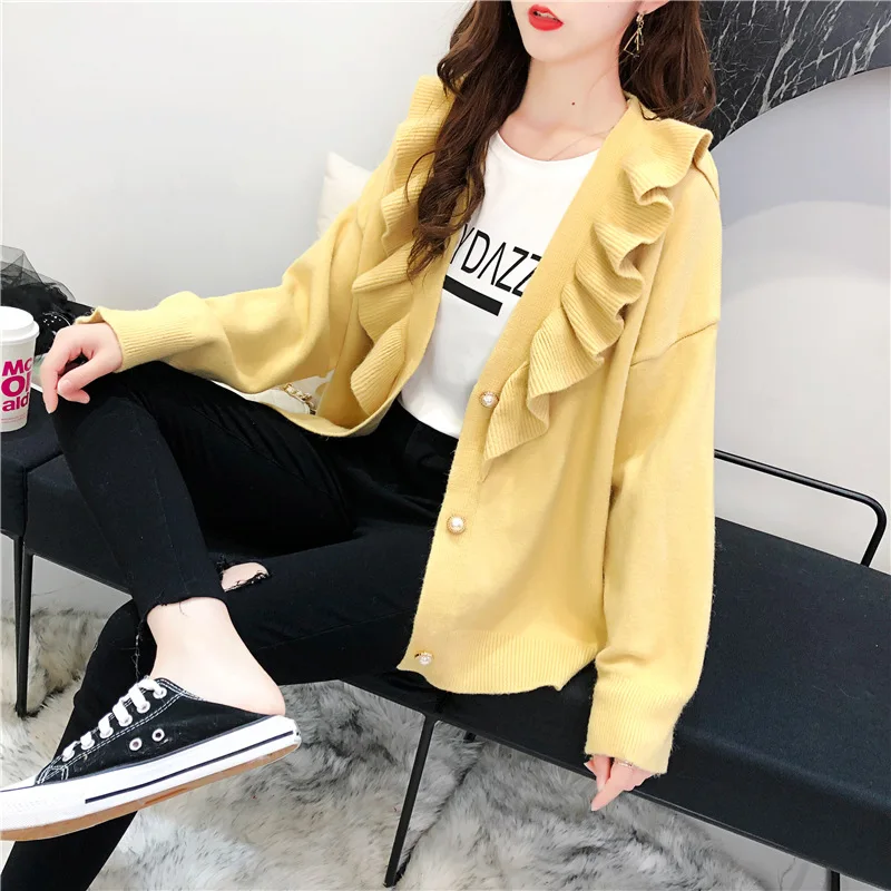 H9604 Women Sweater Coat Female Korean Loose V-collar Fashion Wooden Ear Knitting Cardigan Girl Student College Style Sweet Top