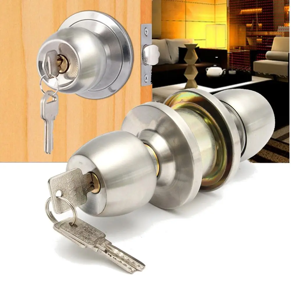 Stainless Steel Round Door Knobs Handle Entrance Interior Passage Lock Entry with Key