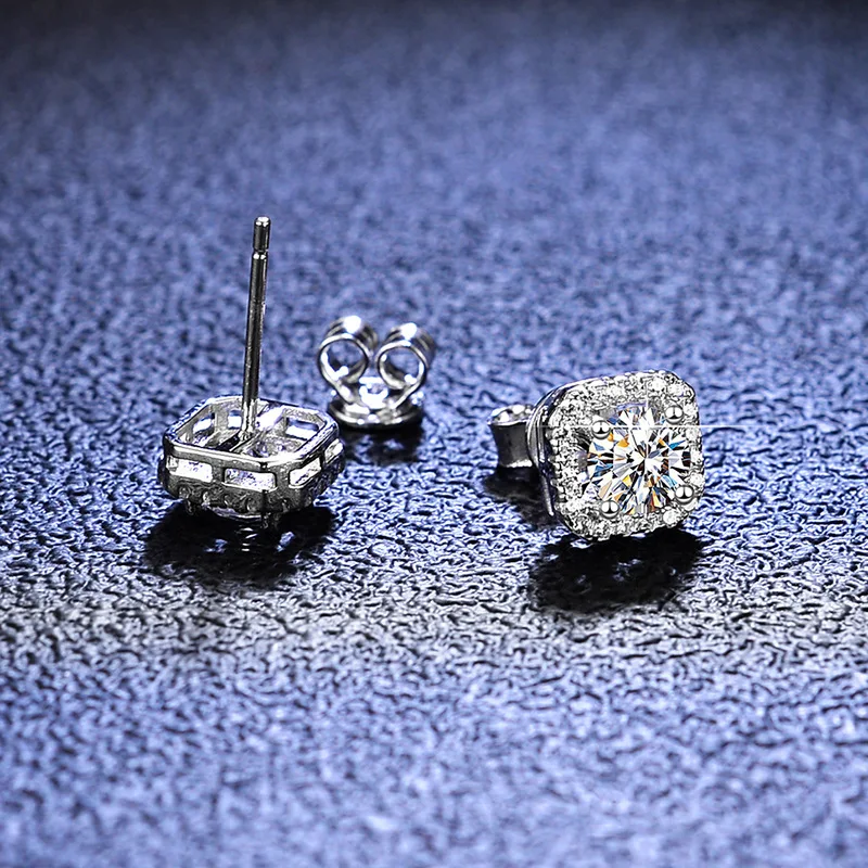 LESF Stud Earrings Women S925 Silver Luxury Square Surround Inlaid with Moissan Diamonds 1 Carat Earring Type