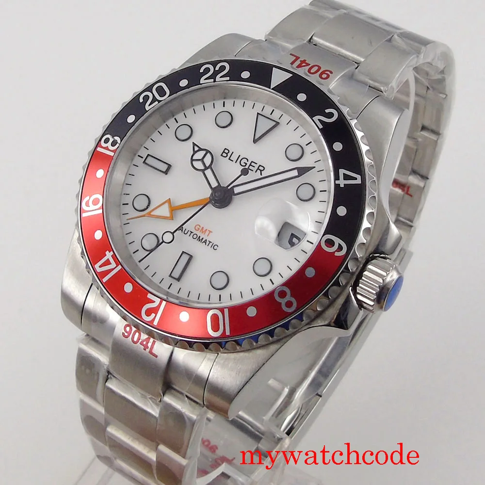 

Rotating Bezel 40mm Automatic GMT Watch Men Sterile White Dial Date Steel Bracelet Sapphire Glass Date Indicator