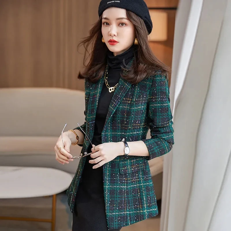 Blazer Women Autumn Winter Plaid V-Neck Slim Waist Tweed Jacket Fashion Vintage Office Lady Casual Suit Coat Graceful Clothing