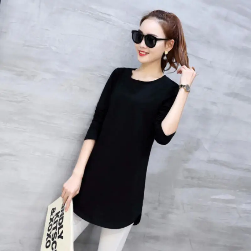 

Spring Autumn New T Shirt Fashioin Slim Round Collar Long Sleeve Tshirt Casual Solid Color T-Shirt Tops Women Tees