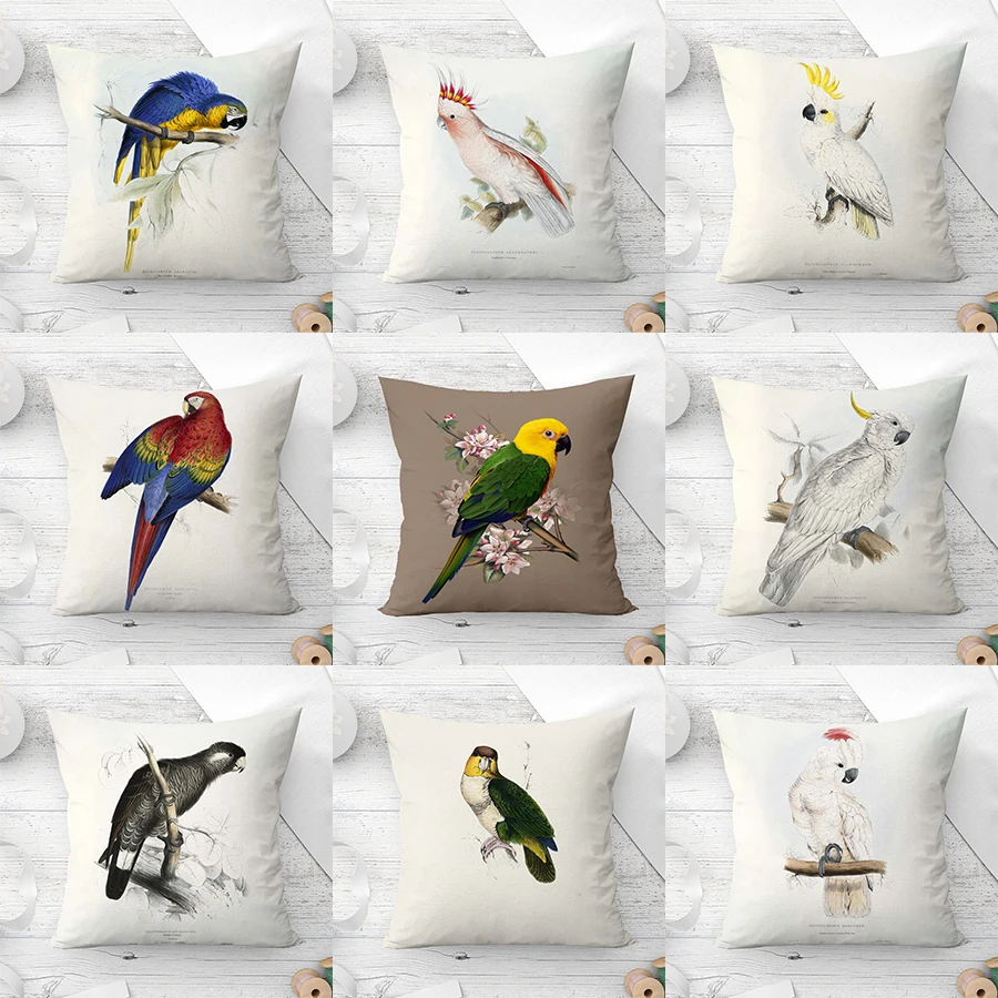 

Watercolor Lovely Birds Parrot Cushion Cover Simple Painting Printed Pillow Covers Bird Flower Pillowcas