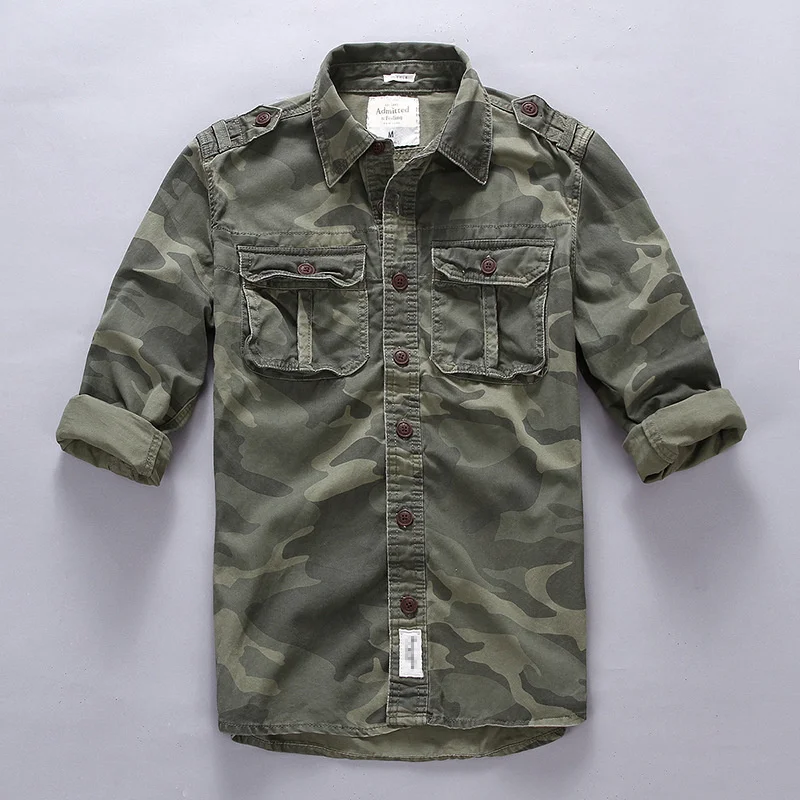 Casual Camouflage Men Shirts Military Cargo Cotton Linen Shirts Male Long Sleeve Pockets Safari Army Outdoor Tops