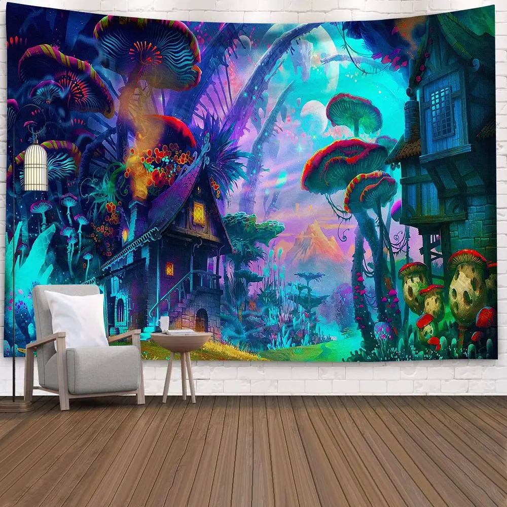 

Fluorescent Mushroom Castle Wall Hanging Tapestry Nature Art Starry Sky Galaxy Psychedelic Carpet Magical Forest Tree Tapestries