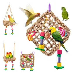 Bird Parrot Toys Straw Hanging Hammock Bird Perch Swing Cage Mesh Mat Pet Foraging Chewing Toy Bird Toys Set Pet Products