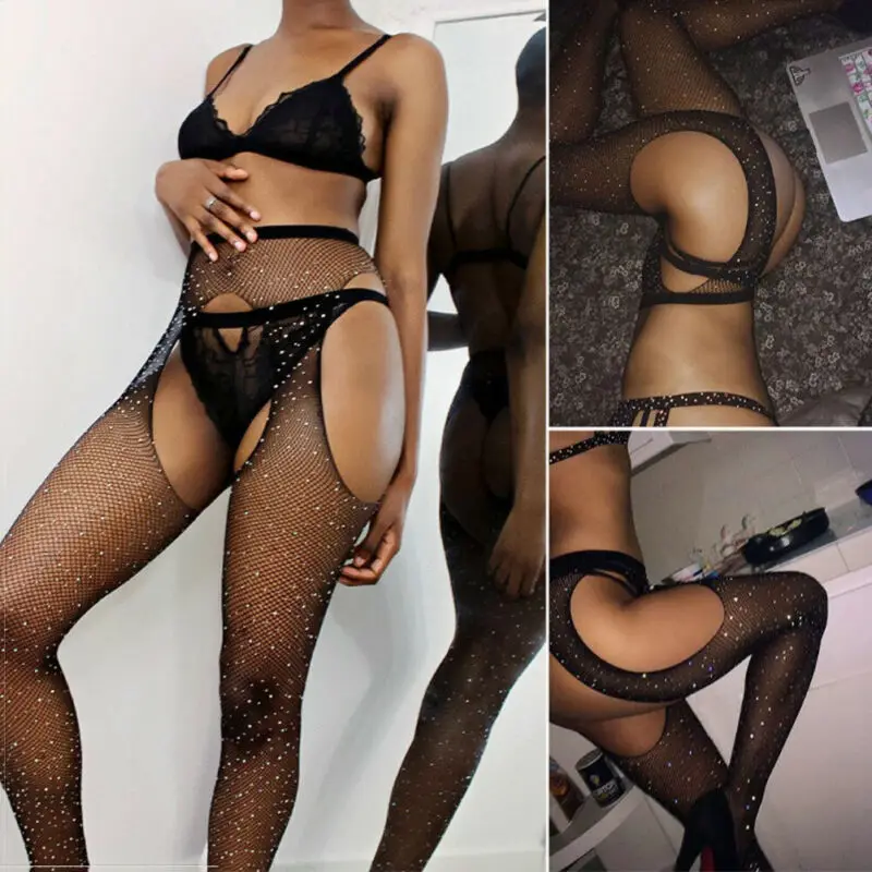 Women Bling Tights Slim Pantyhose Sexy Rhinestone Mesh Fishnet Pantyhose Open Crotch Mesh Stockings Party Club Hosiery Oversized